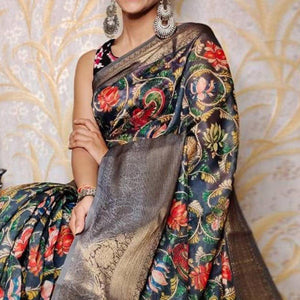 grey-festive-wear-kalamkari-printed-chanderi-silk-saree-with-zari-weaving-border-128493