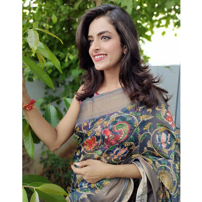 grey-festive-wear-kalamkari-printed-chanderi-silk-saree-with-zari-weaving-border-128493