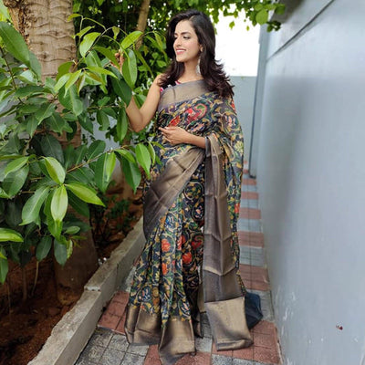 grey-festive-wear-kalamkari-printed-chanderi-silk-saree-with-zari-weaving-border-128493