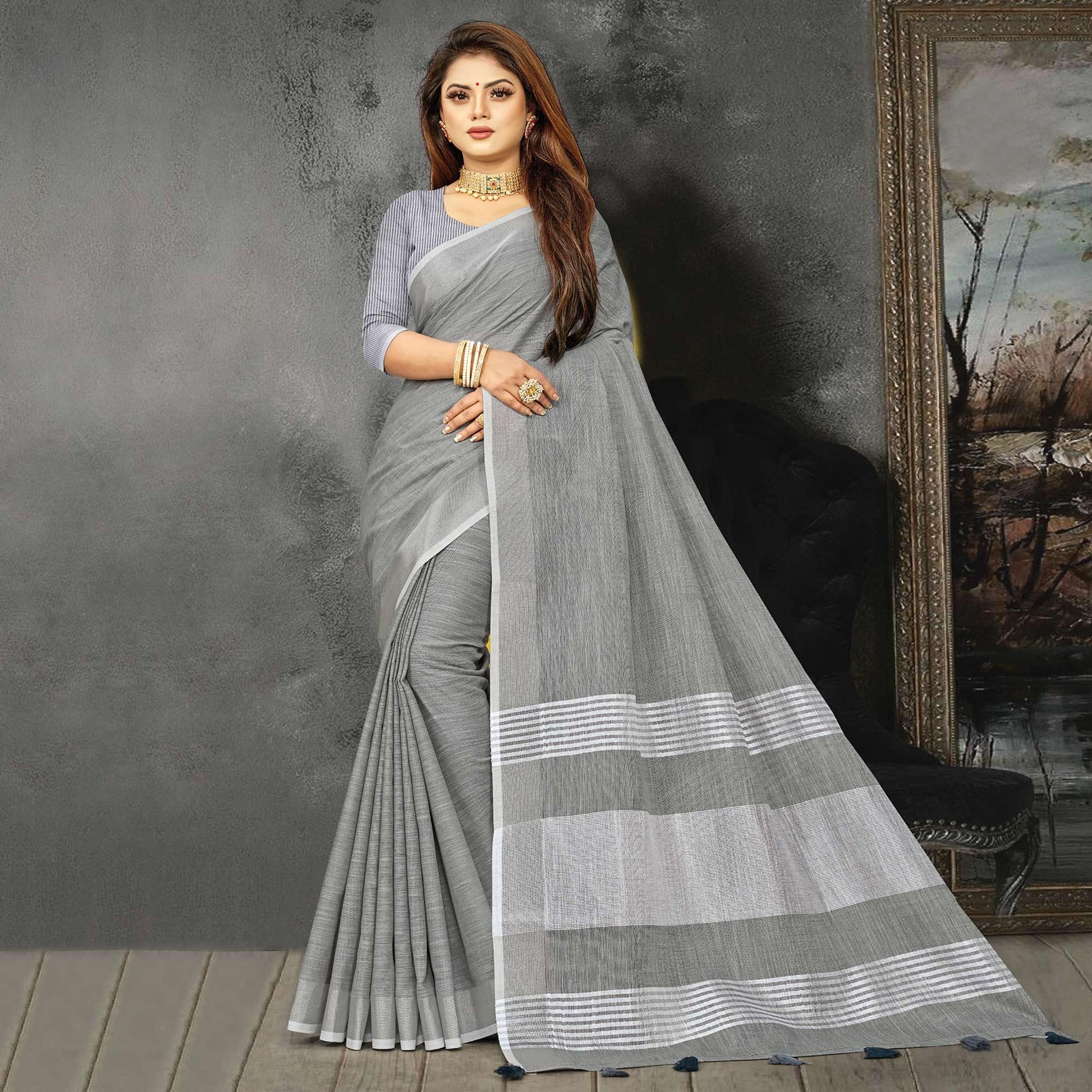 grey-festive-wear-solid-linen-saree-135782