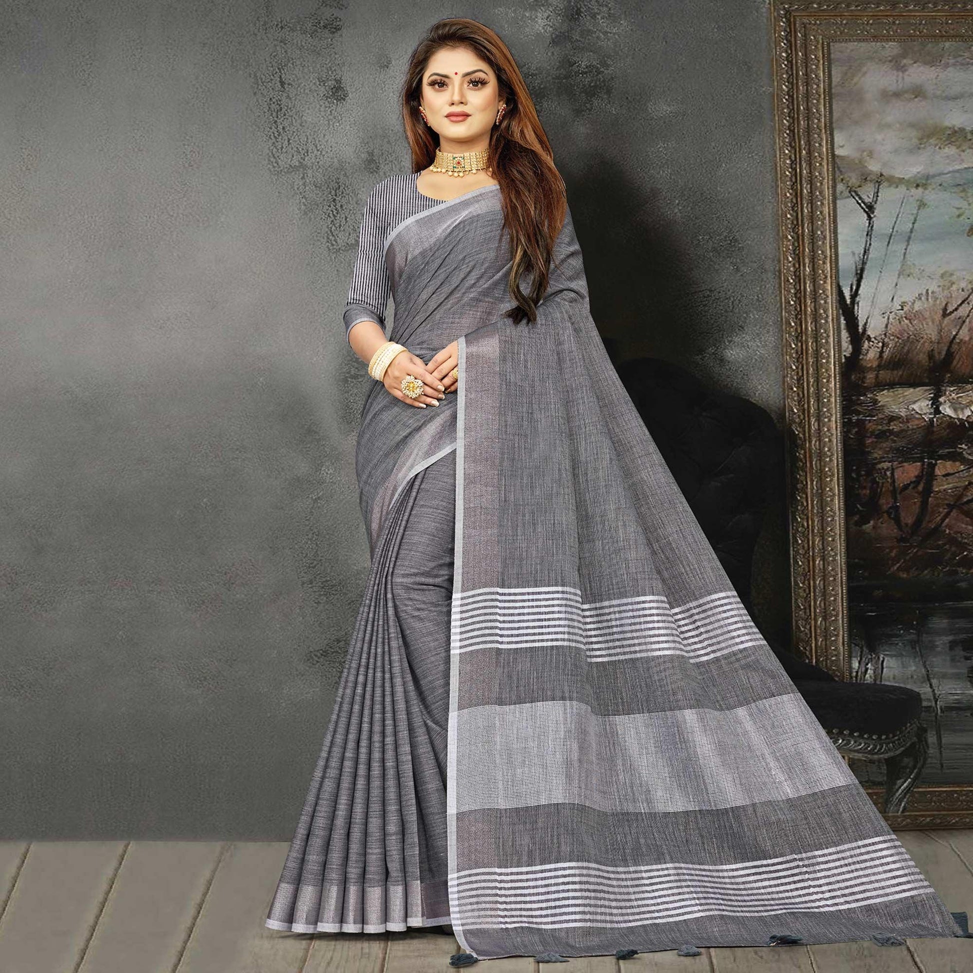 grey-festive-wear-solid-linen-saree-135792