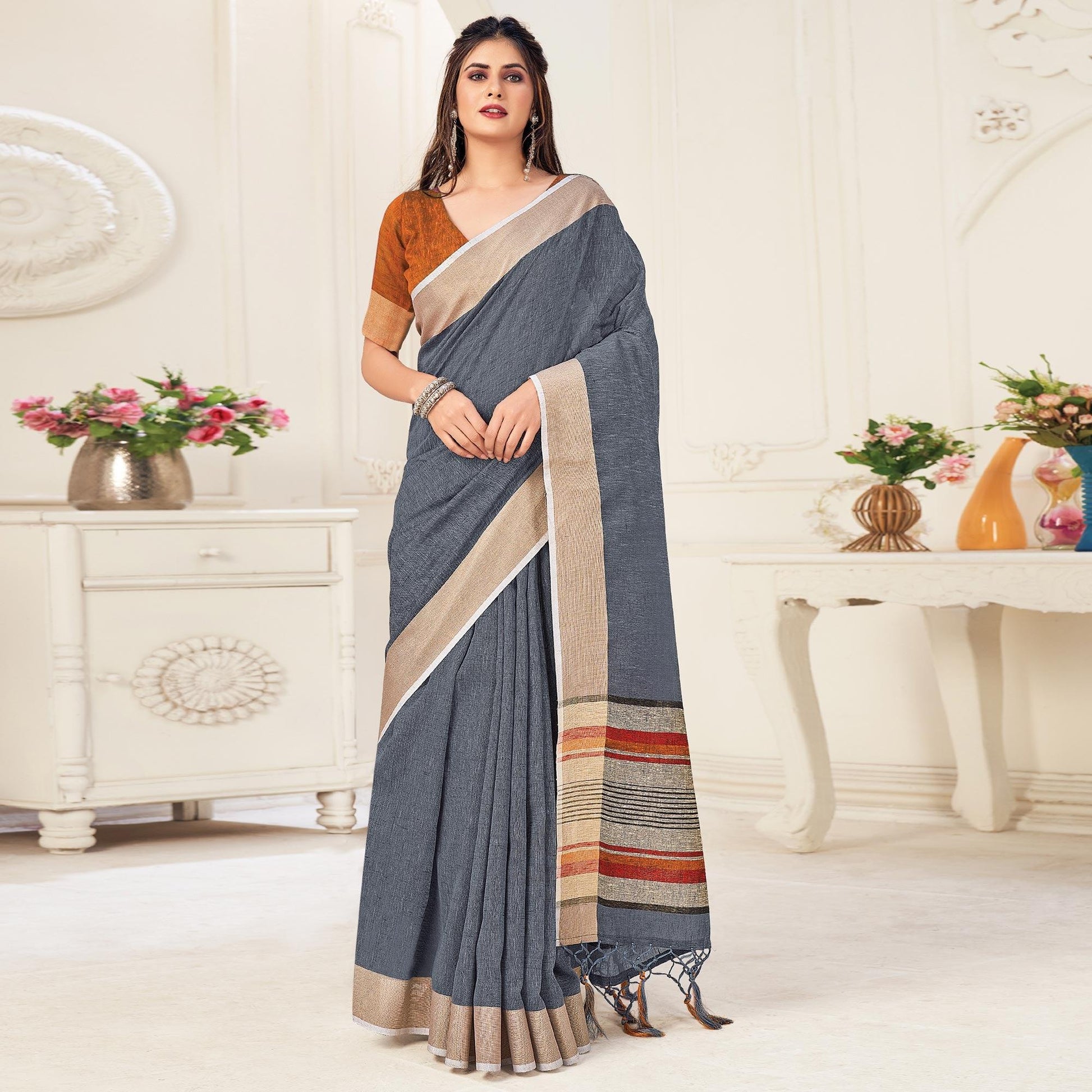 grey-festive-wear-solid-linen-saree-135590