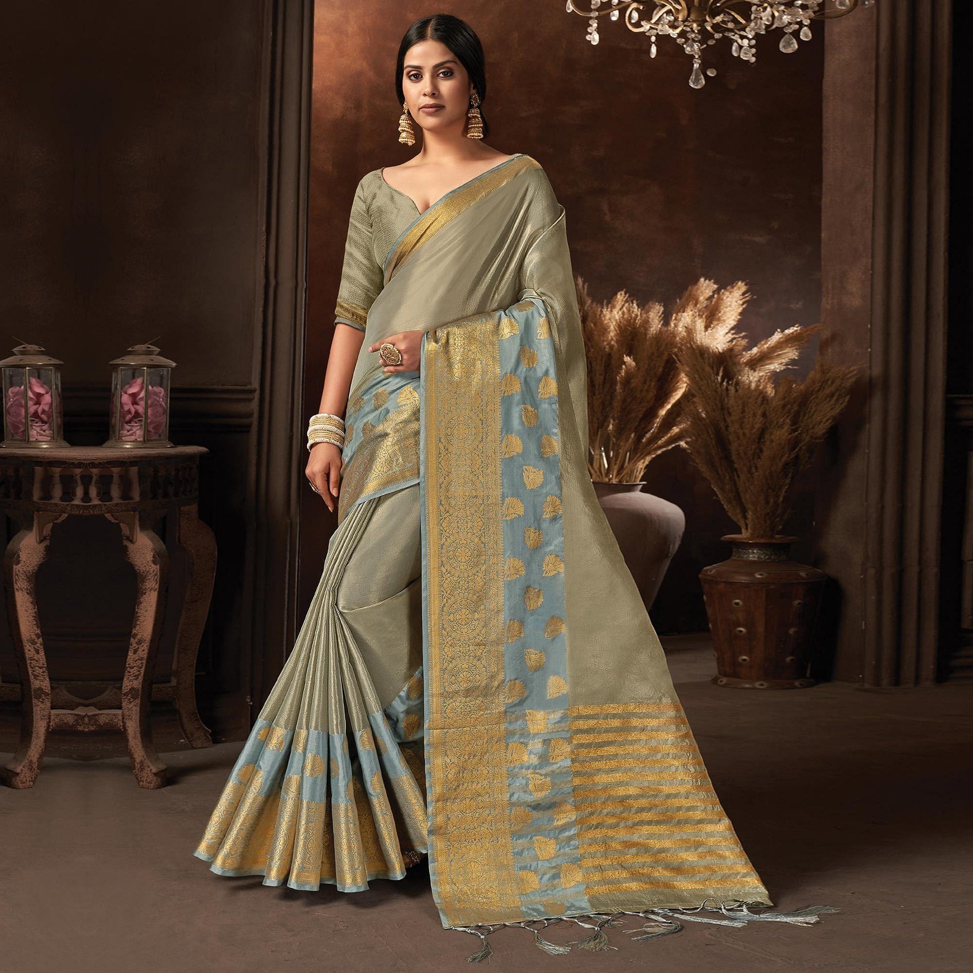 Grey Woven Organza Saree With Tassels