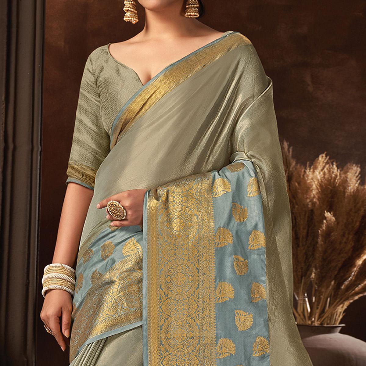 Grey Woven Organza Saree With Tassels