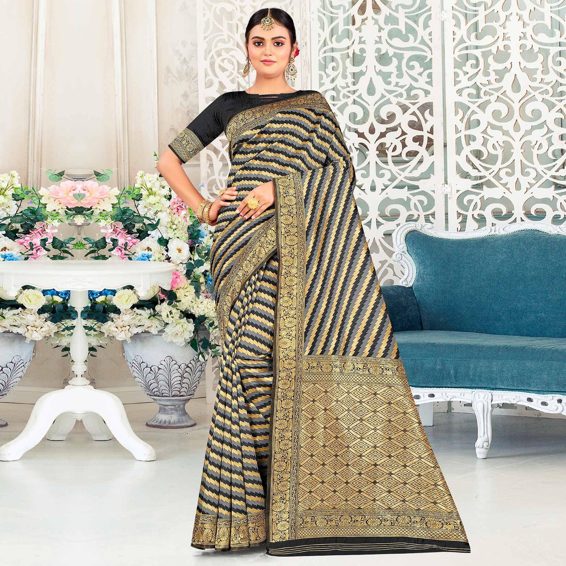 grey-festive-wear-stripe-printed-art-silk-saree-141703