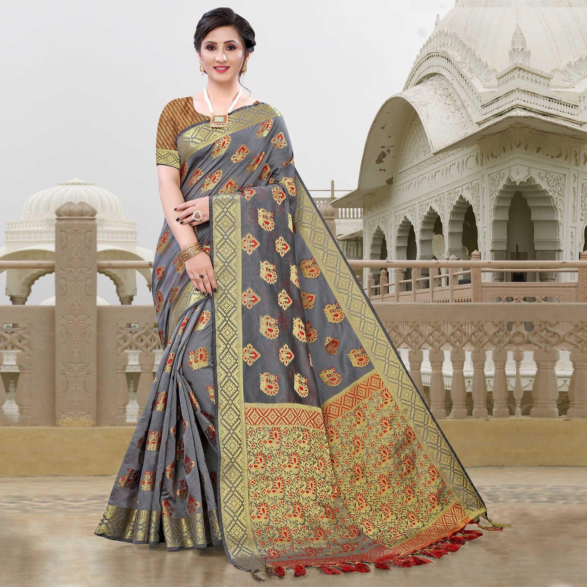 grey-festive-wear-woven-cotton-saree-with-tassels-109223