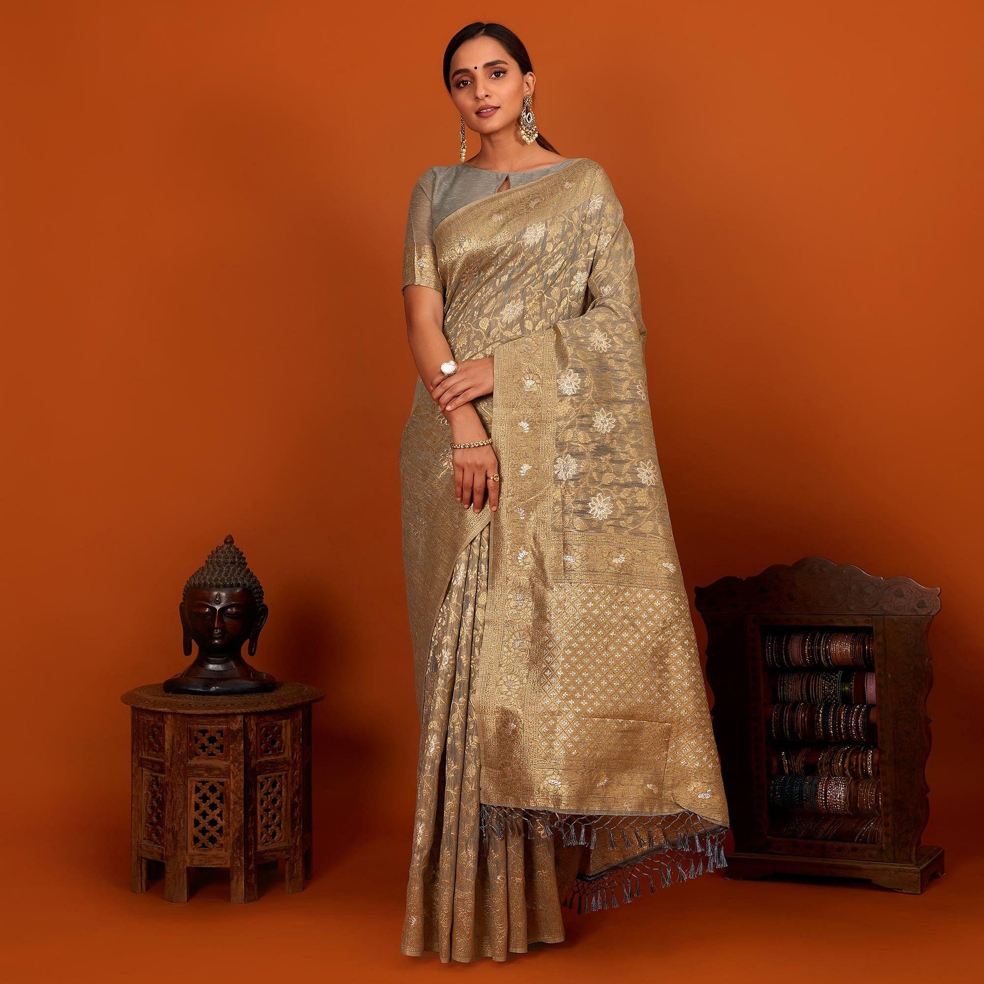 grey-festive-wear-woven-cotton-saree-with-tassels-137622