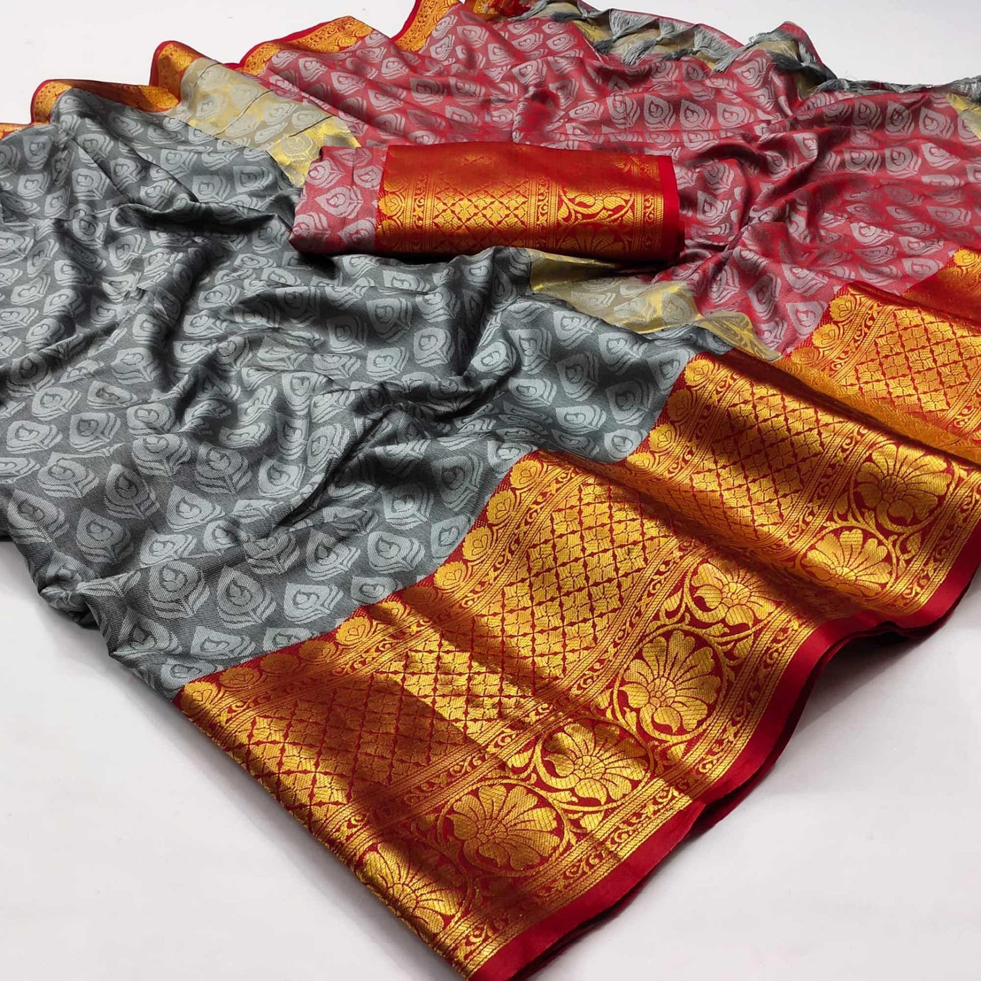 grey-festive-wear-woven-cotton-saree-with-tassels-142091