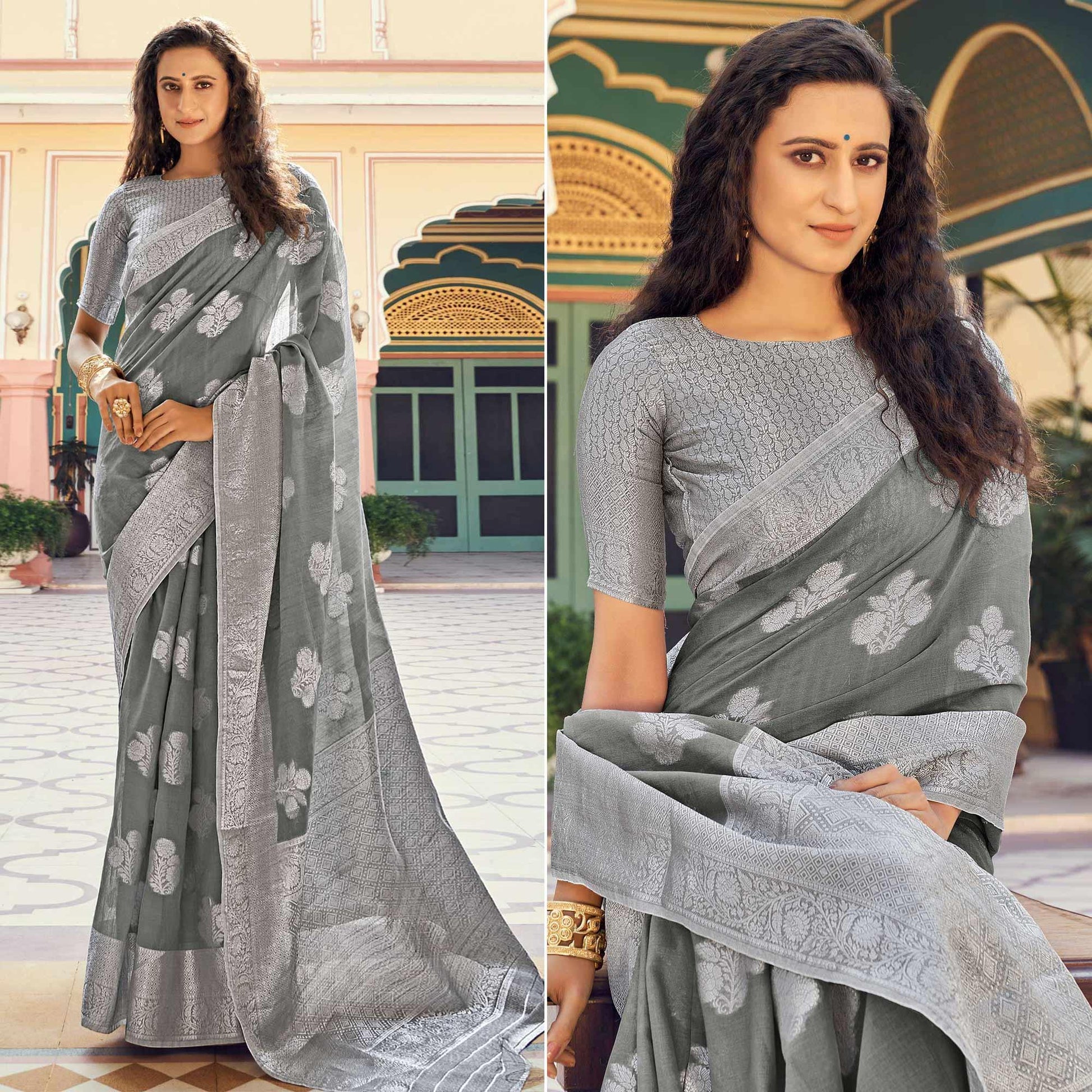 grey-festive-wear-woven-linen-saree-138291