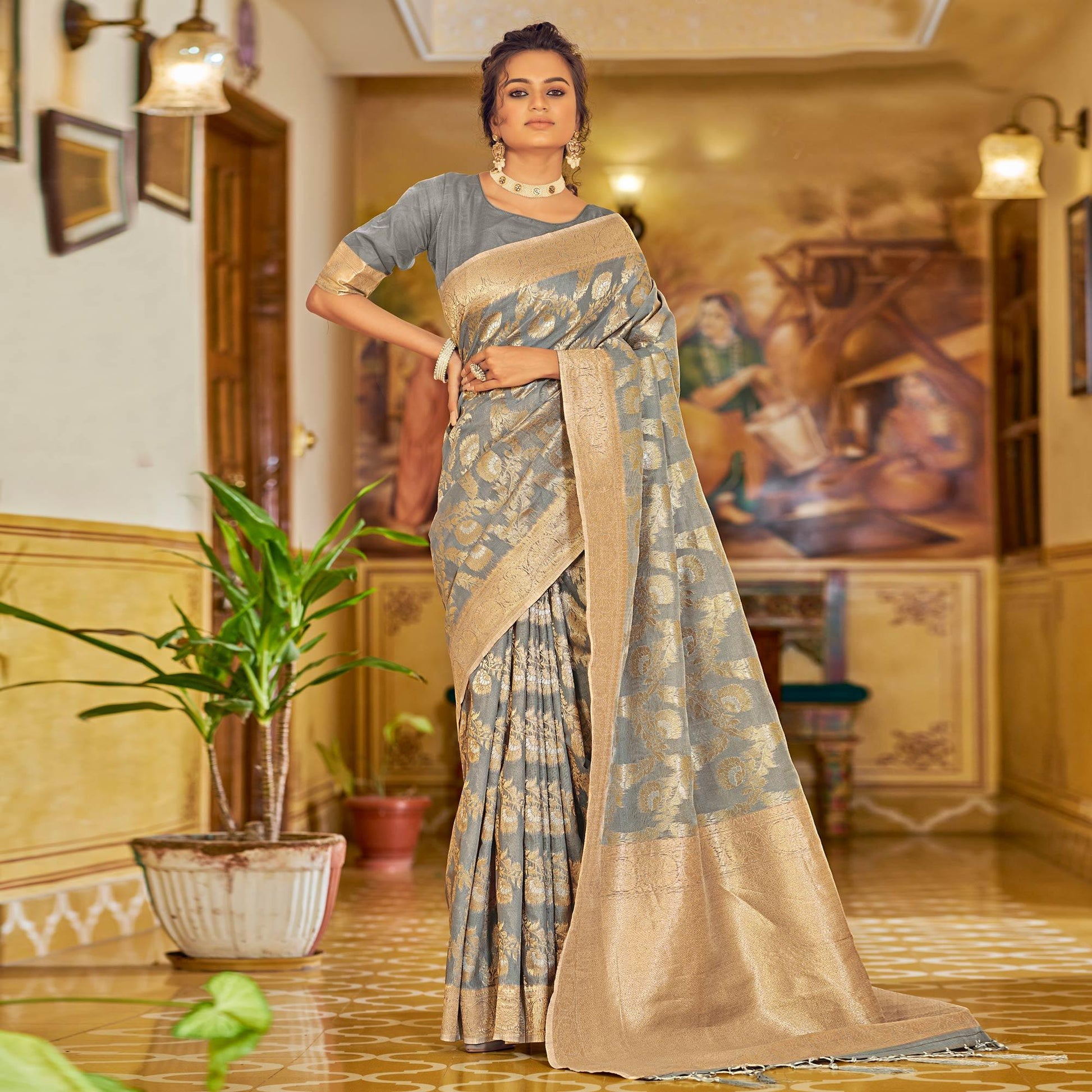 grey-festive-wear-woven-linen-saree-140748