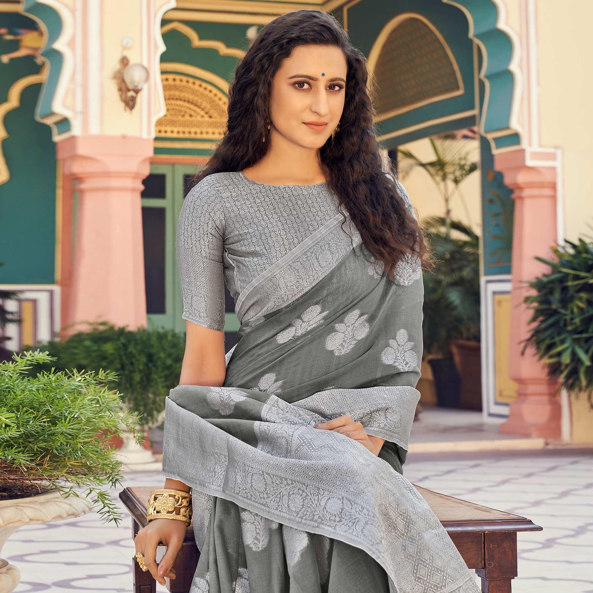 grey-festive-wear-woven-linen-saree-138291