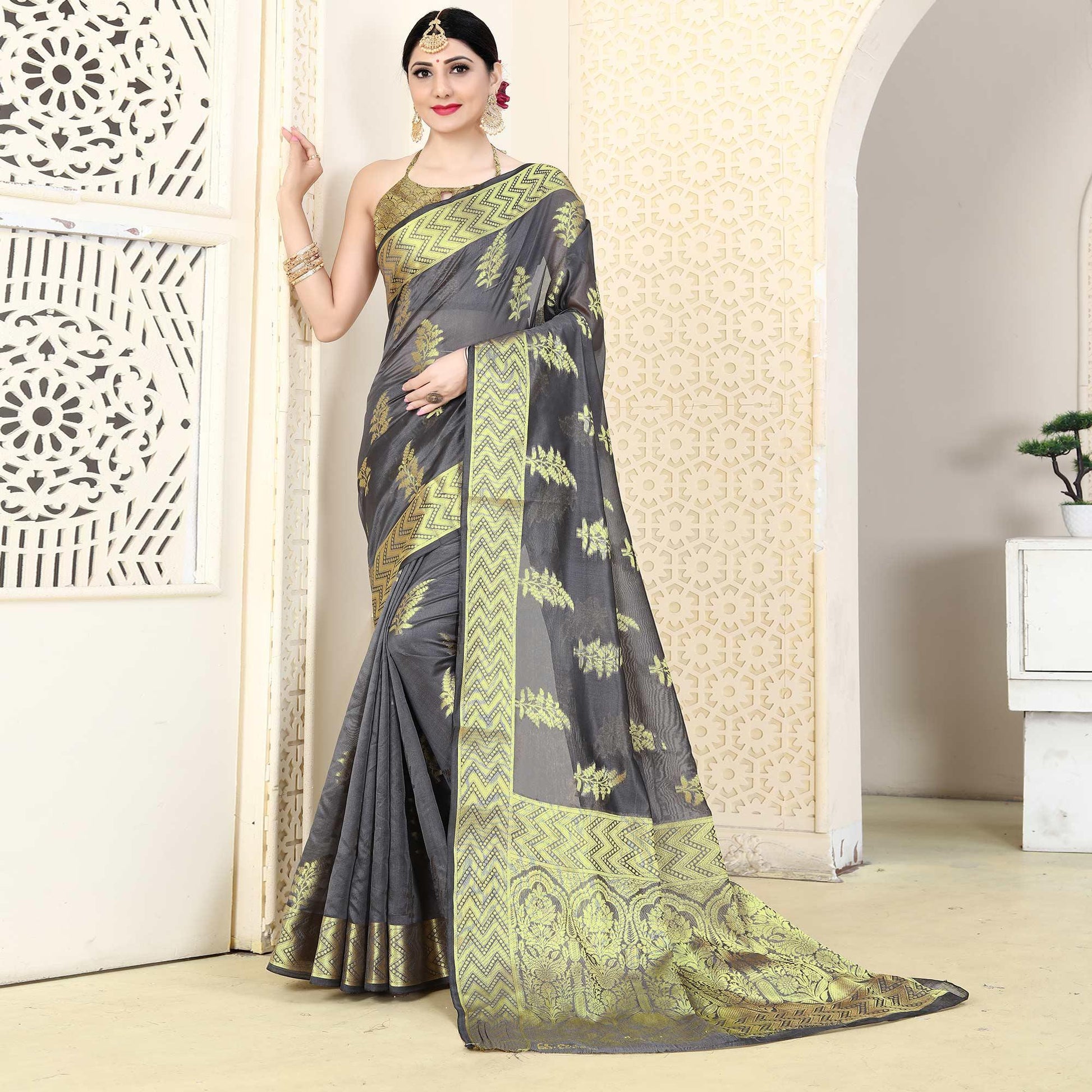 grey-festive-wear-woven-organza-saree-128418