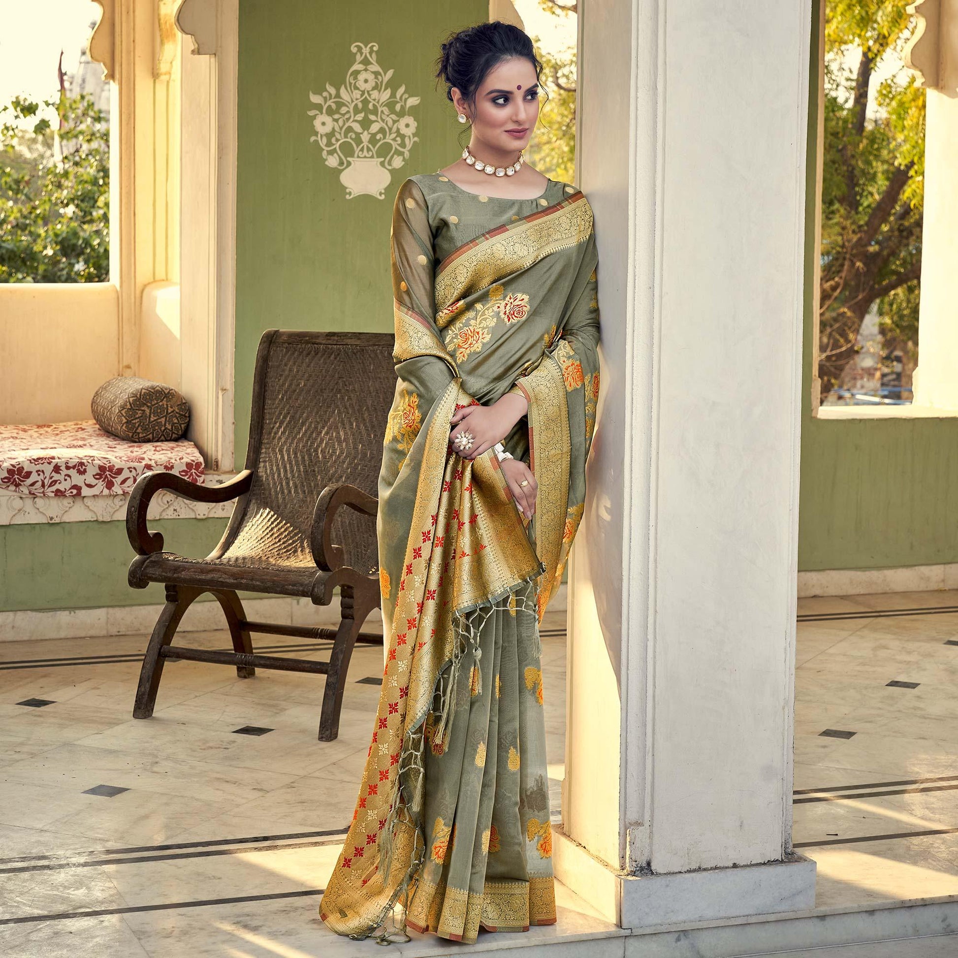 grey-festive-wear-woven-organza-saree-137904