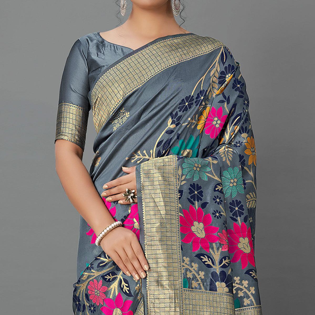 grey-festive-wear-woven-silk-blend-saree-126461