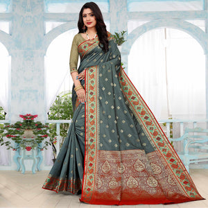 grey-festive-wear-woven-silk-saree-140094