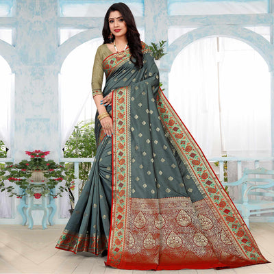 grey-festive-wear-woven-silk-saree-140094