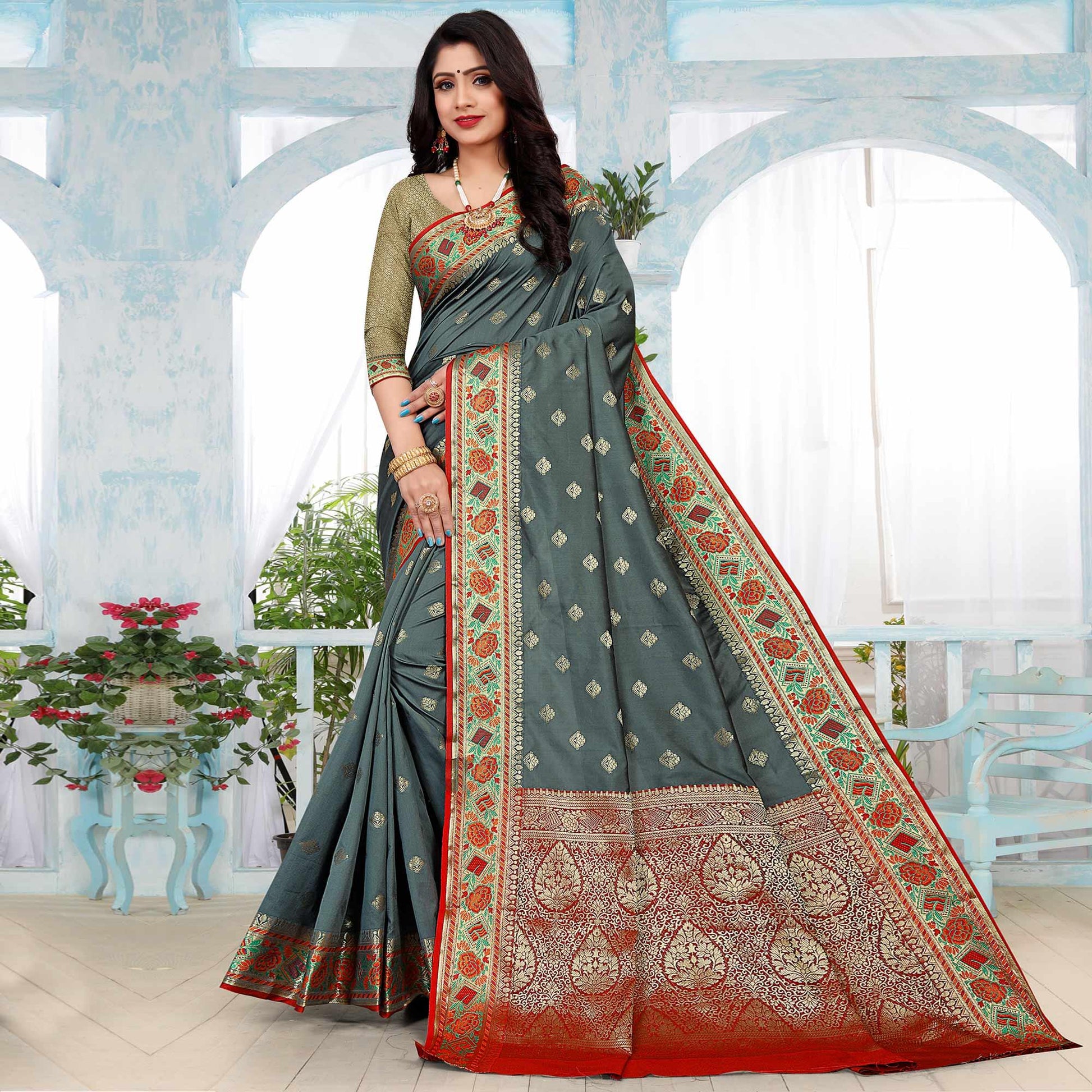 grey-festive-wear-woven-silk-saree-140094