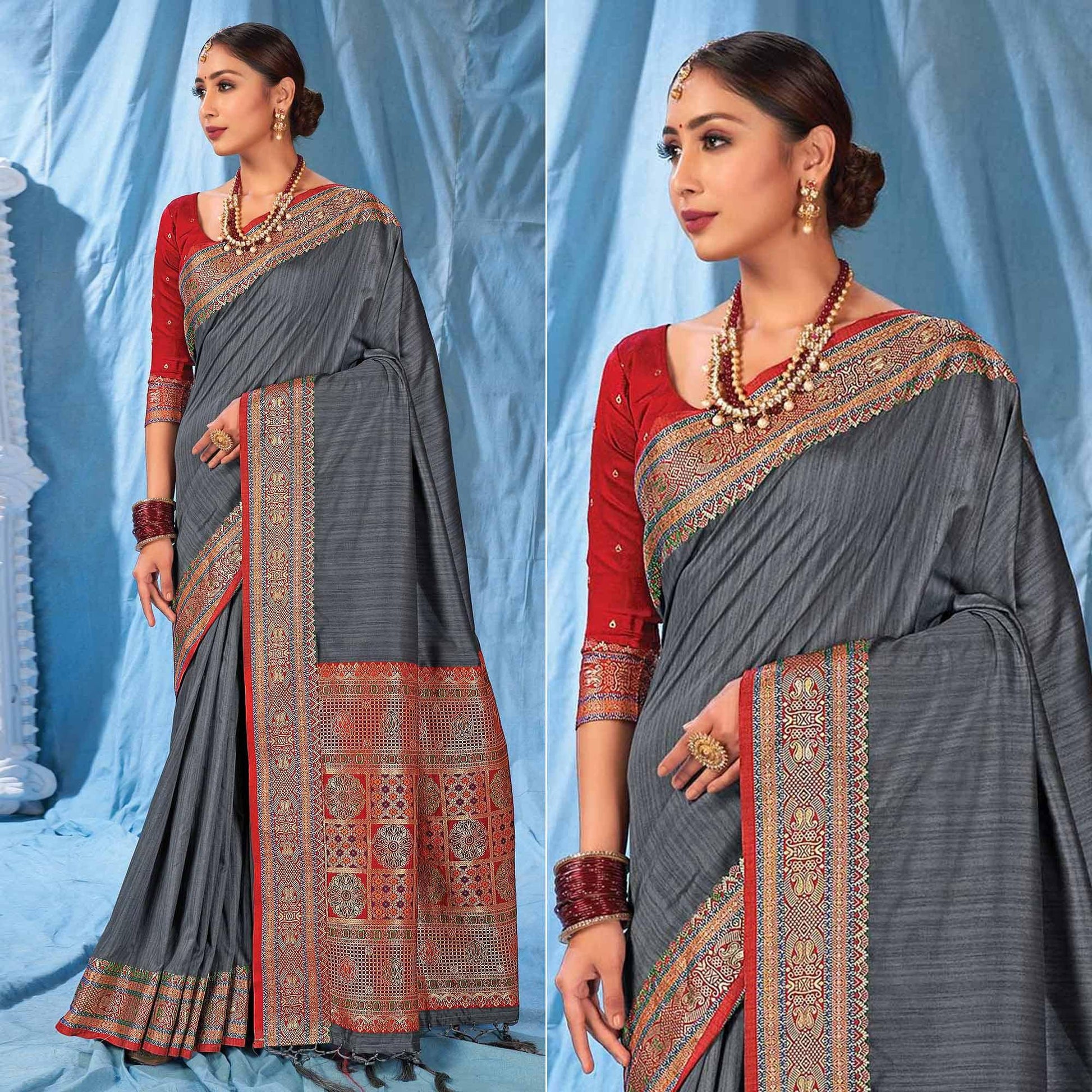 Grey Woven Art Silk Saree With Tassels