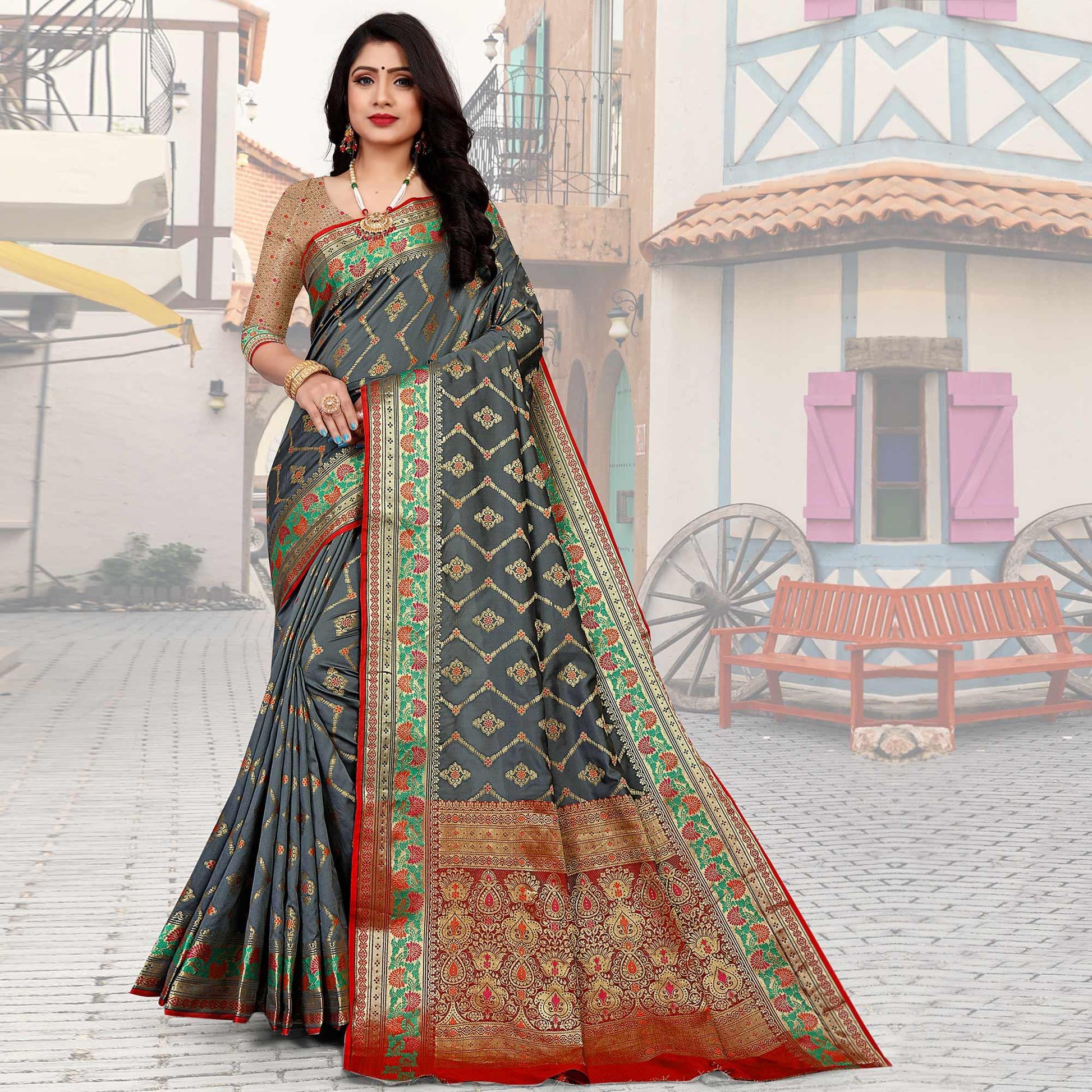 grey-festive-wear-woven-silk-saree-140196