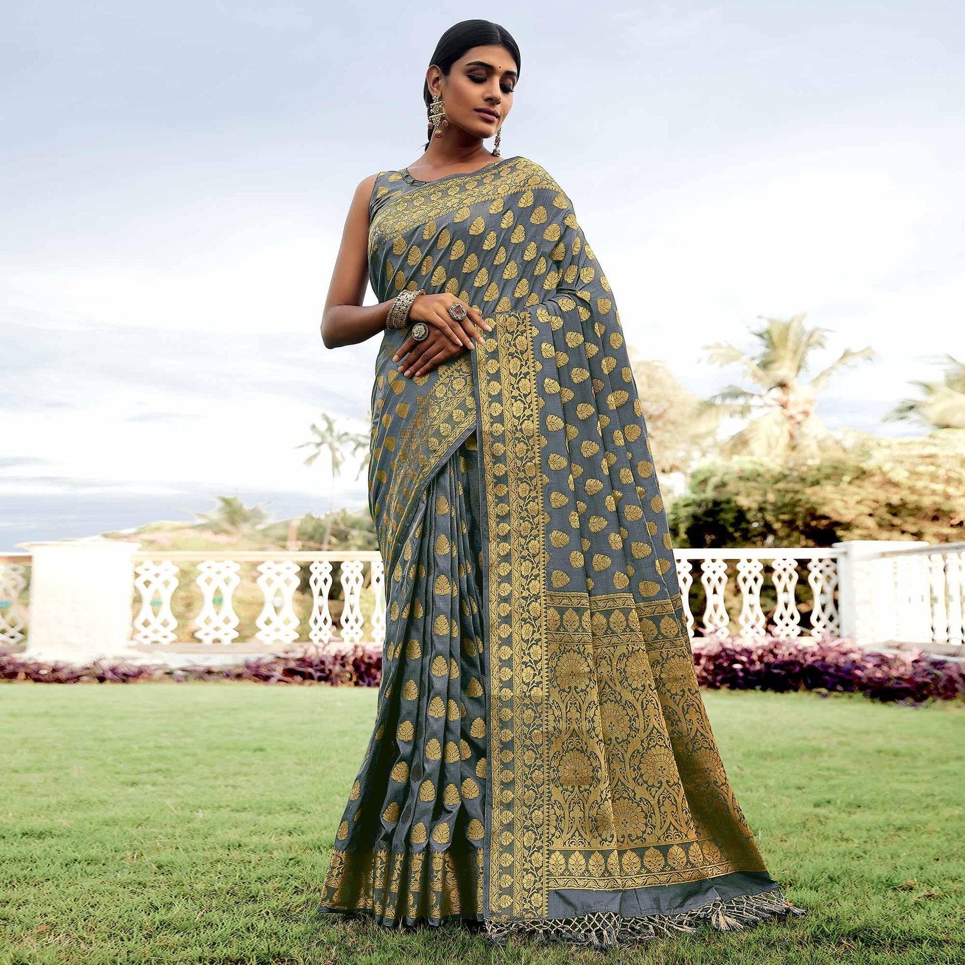 grey-festive-wear-woven-silk-saree-128400