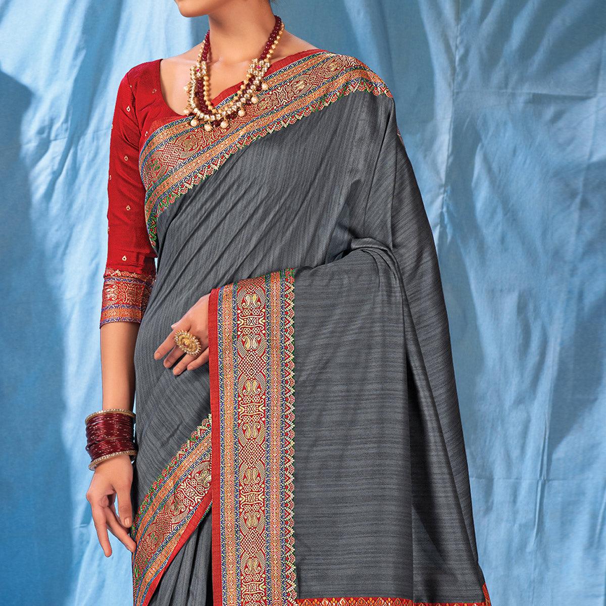 Grey Woven Art Silk Saree With Tassels