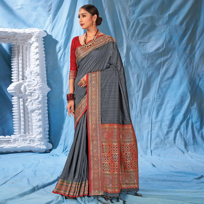 Grey Woven Art Silk Saree With Tassels