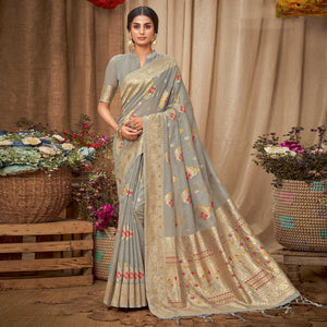 grey-festive-wear-woven-with-embellished-cotton-saree-with-tassels-142610
