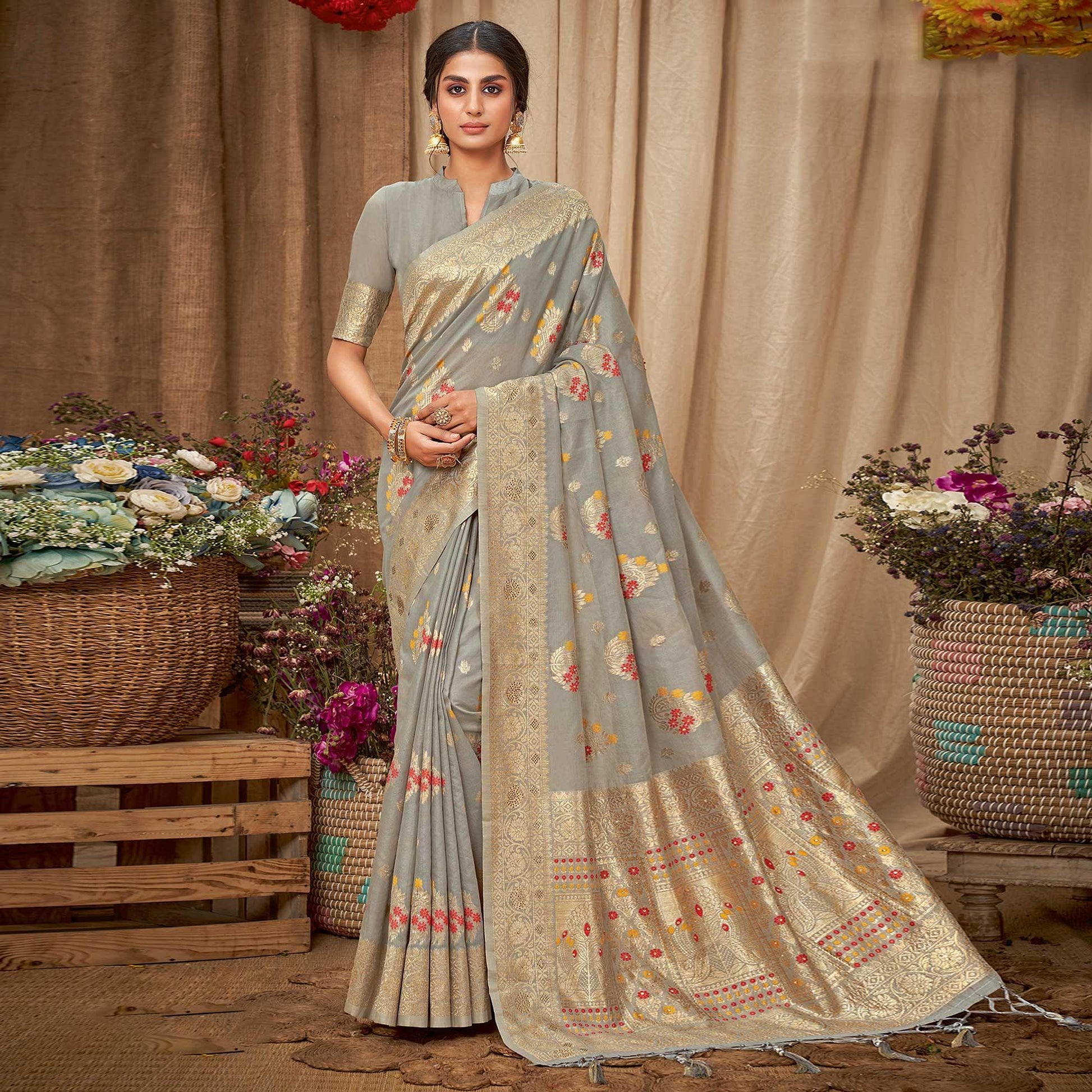 grey-festive-wear-woven-with-embellished-cotton-saree-with-tassels-142610