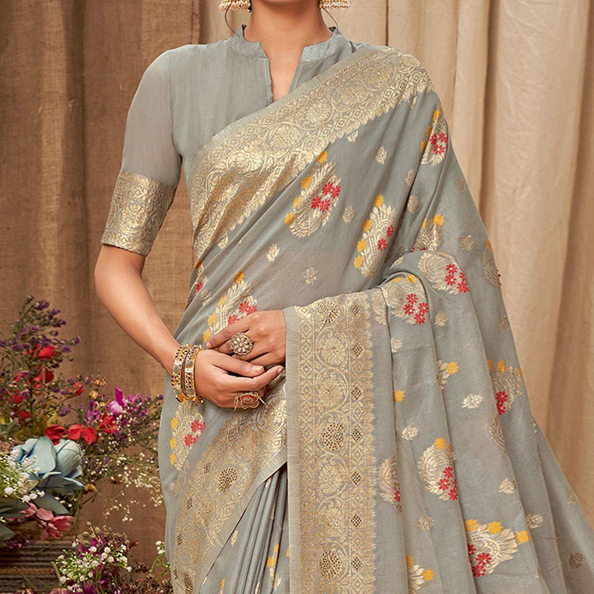 grey-festive-wear-woven-with-embellished-cotton-saree-with-tassels-142610