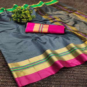 grey-festive-wear-zari-border-cotton-blend-saree-138525