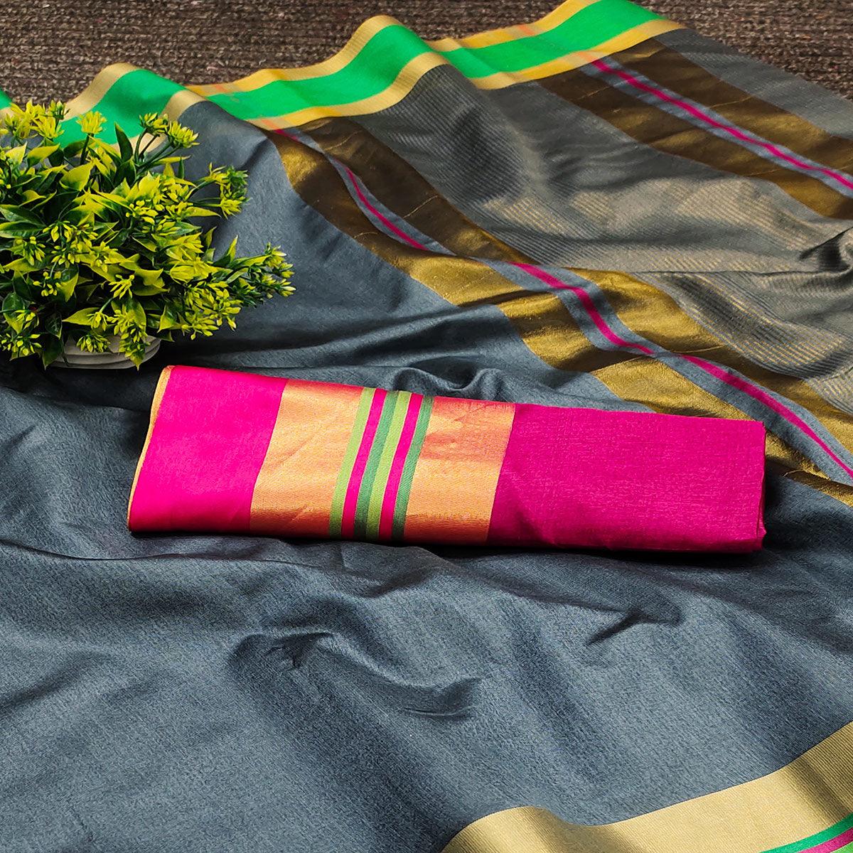 grey-festive-wear-zari-border-cotton-blend-saree-138525