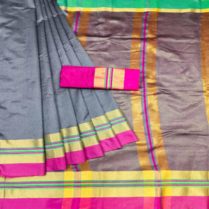 grey-festive-wear-zari-border-cotton-blend-saree-138525