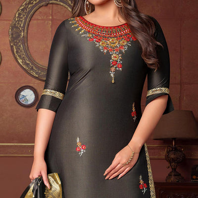grey-floral-embroidered-art-silk-kurti-pant-set