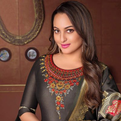 grey-floral-embroidered-art-silk-kurti-pant-set