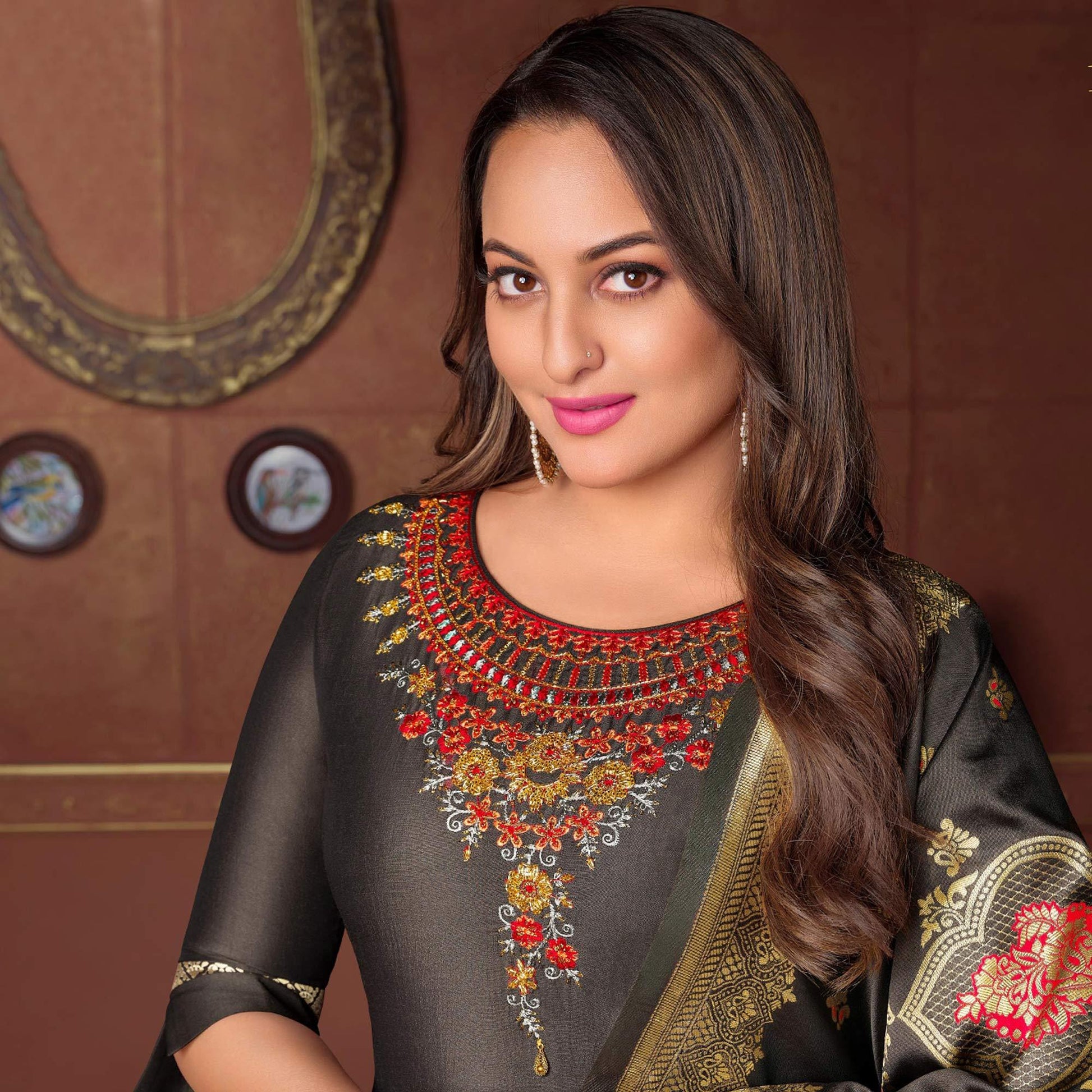 grey-floral-embroidered-art-silk-kurti-pant-set