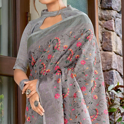 grey-floral-embroidered-linen-saree