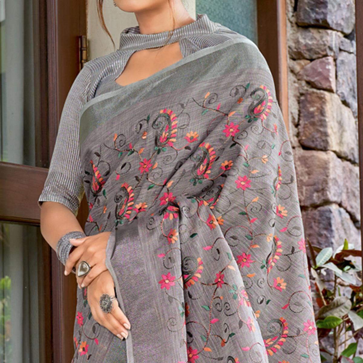 grey-floral-embroidered-linen-saree