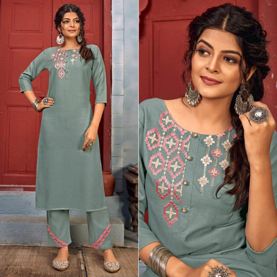 grey-floral-embroidered-rayon-kurti-pant-set
