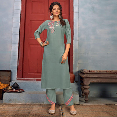 grey-floral-embroidered-rayon-kurti-pant-set