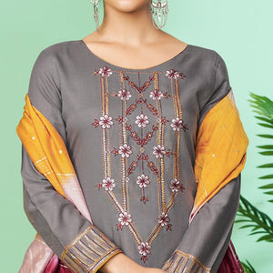 grey-floral-embroidered-rayon-kurti-pant-set-145321