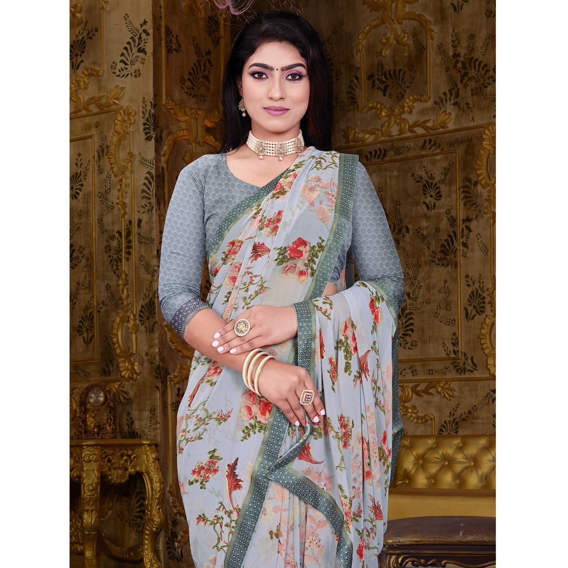 grey-floral-printed-georgette-saree