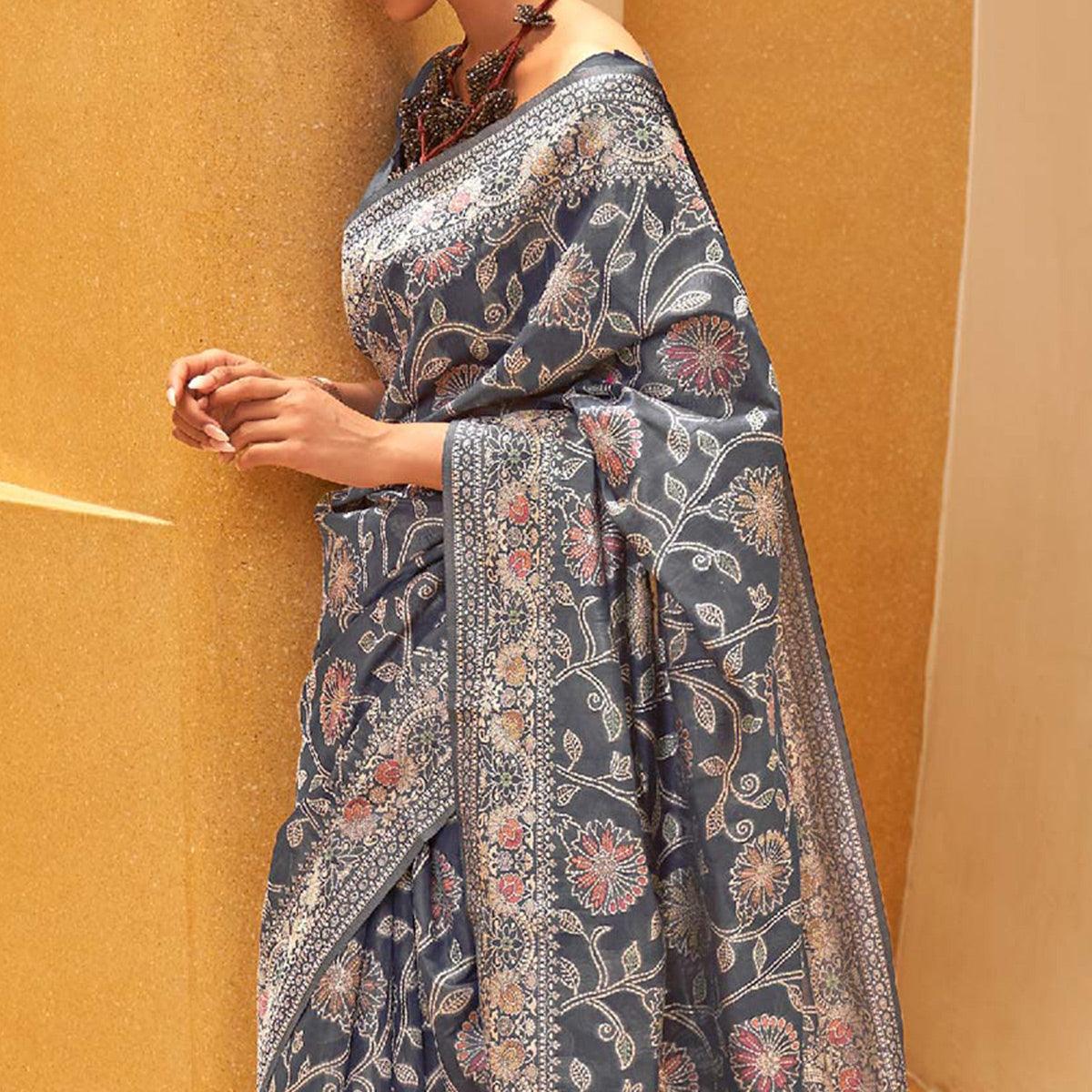 grey-floral-woven-art-silk-saree
