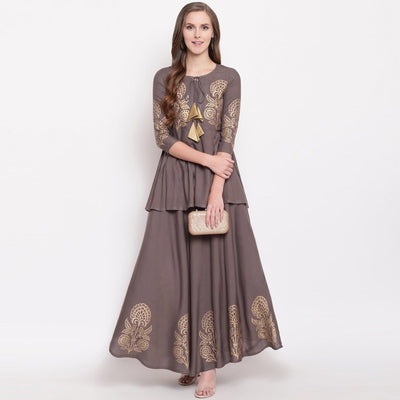 amazing-gray-colored-partywear-foil-printed-rayon-short-kurti-skirt-set