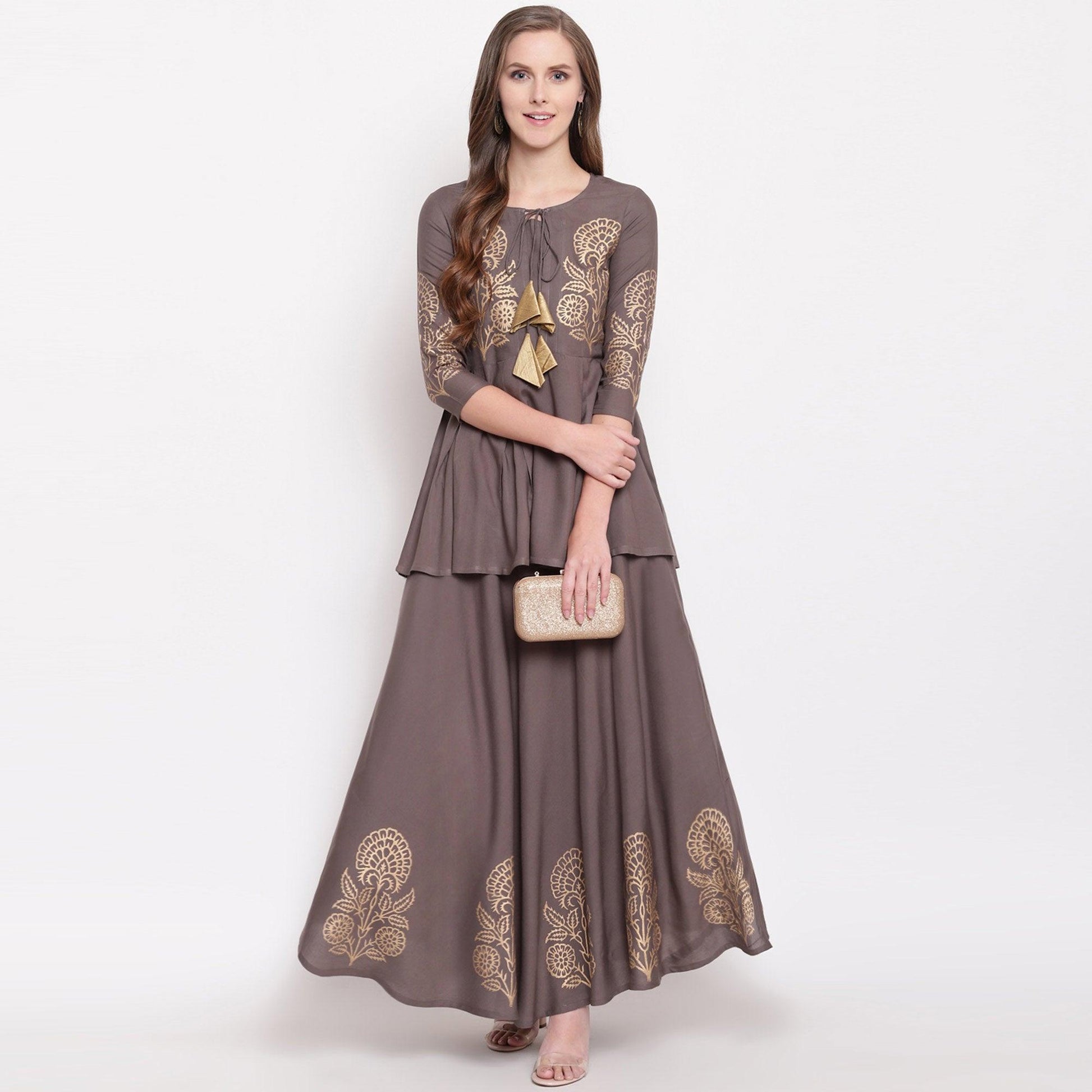 amazing-gray-colored-partywear-foil-printed-rayon-short-kurti-skirt-set