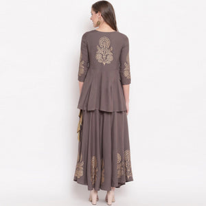 amazing-gray-colored-partywear-foil-printed-rayon-short-kurti-skirt-set