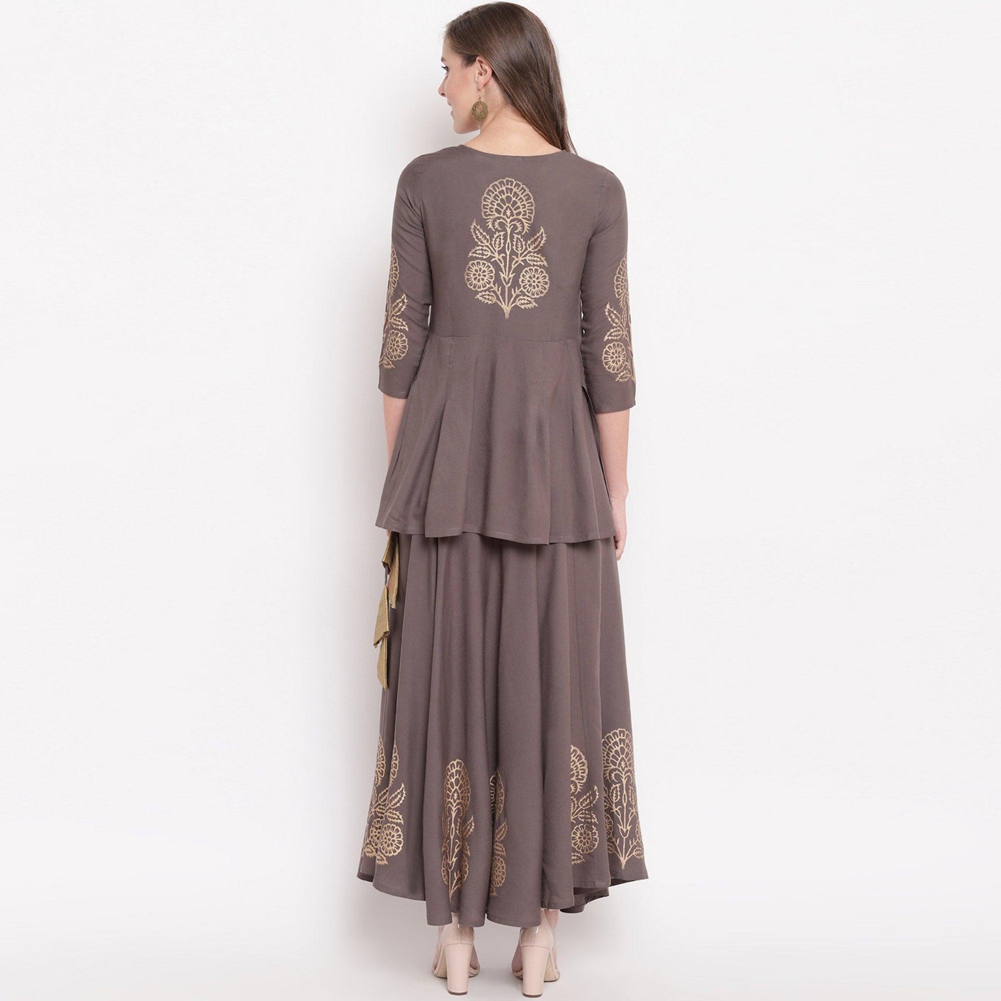 amazing-gray-colored-partywear-foil-printed-rayon-short-kurti-skirt-set