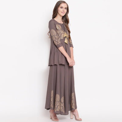 amazing-gray-colored-partywear-foil-printed-rayon-short-kurti-skirt-set