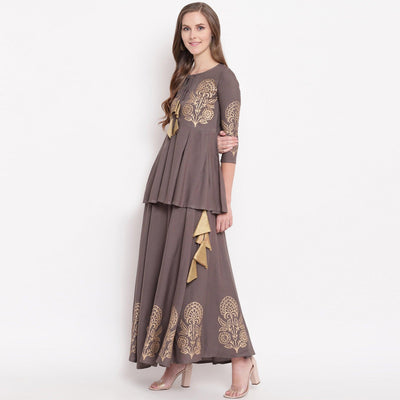 amazing-gray-colored-partywear-foil-printed-rayon-short-kurti-skirt-set