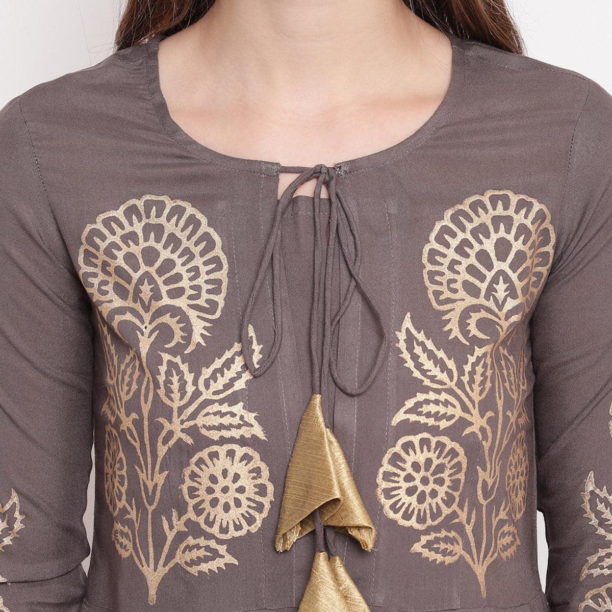 amazing-gray-colored-partywear-foil-printed-rayon-short-kurti-skirt-set