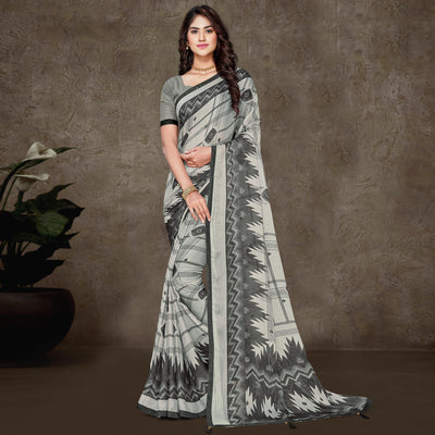 grey-geometric-printed-chiffon-saree-with-tassels